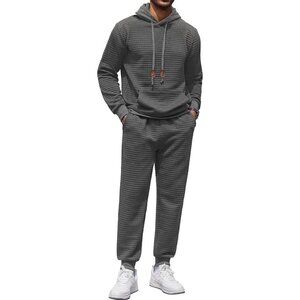 Men's 2 Piece Hoodie Sweatsuit Set Dark Gray Suits Waffle Plaid Jacquard Outfits